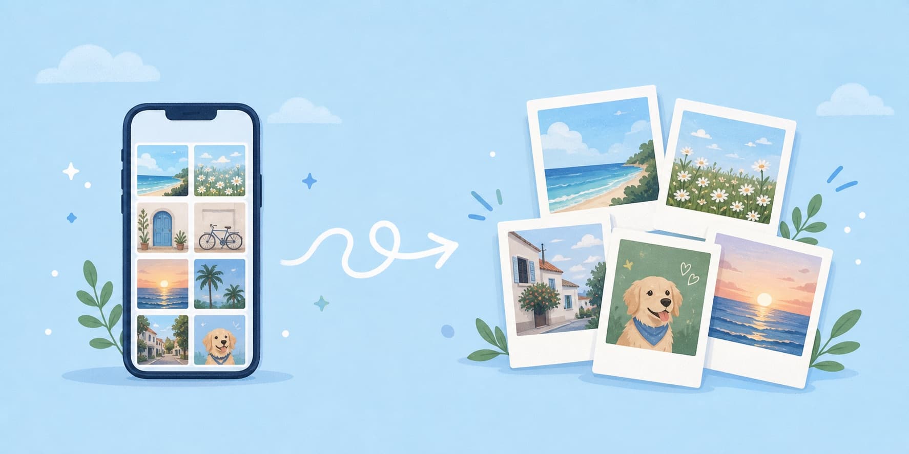 Cute illustration showing digital photos transforming into printed polaroids
