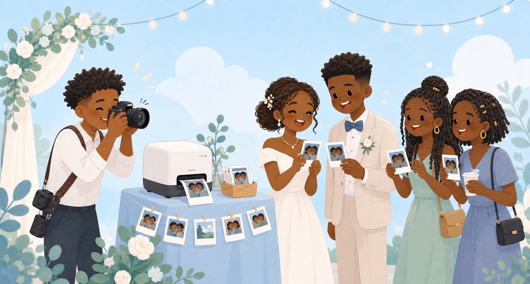 Cute illustration of on-site event polaroid photography with guests receiving instant prints