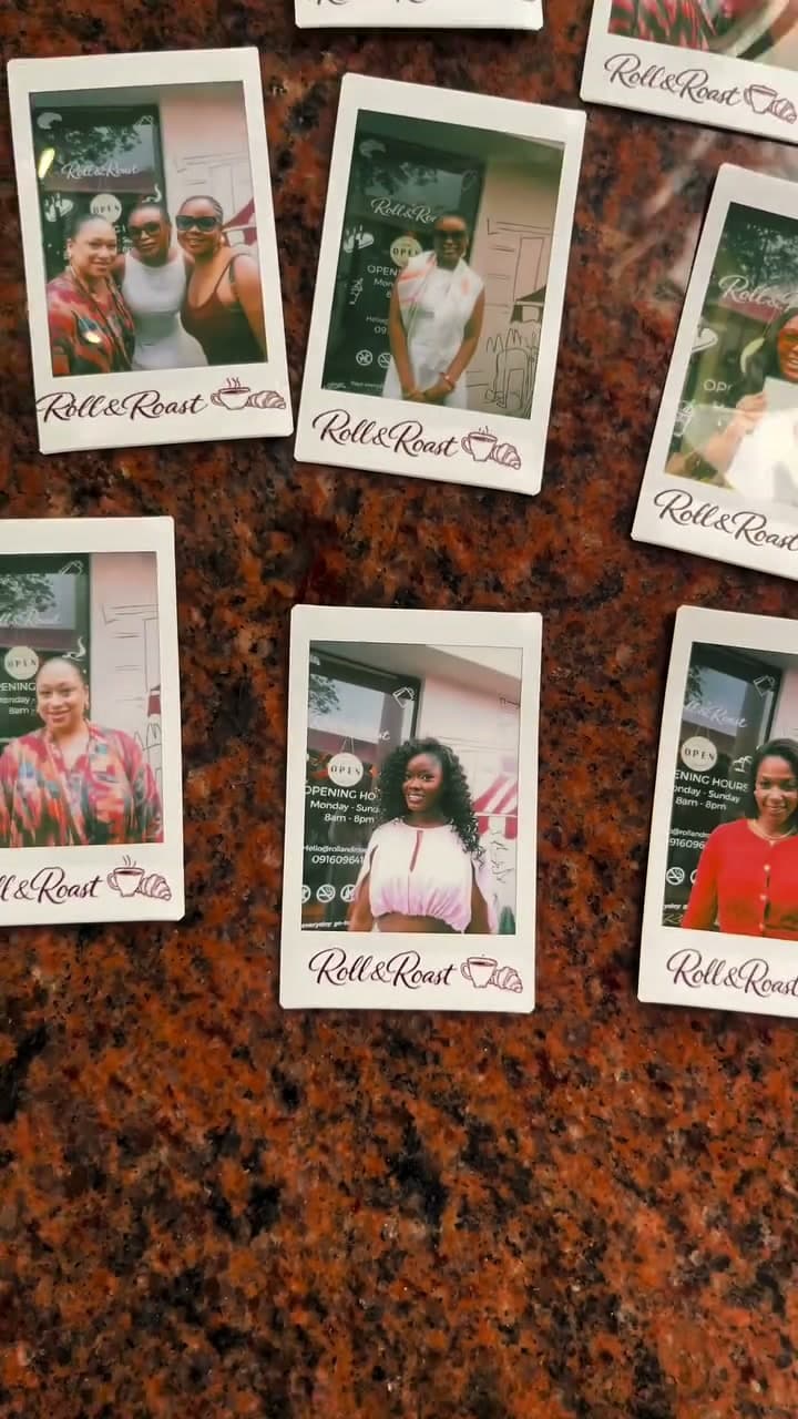 Roll & Roast-branded instant portraits arranged on a stone tabletop.